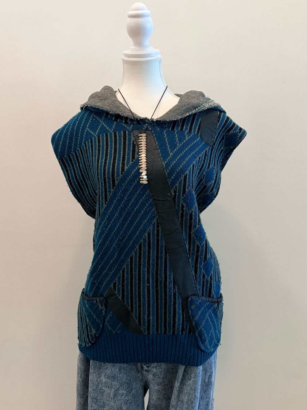 80s/90s Jennifer Stewart Teal and Leather Hooded Sweater Vest